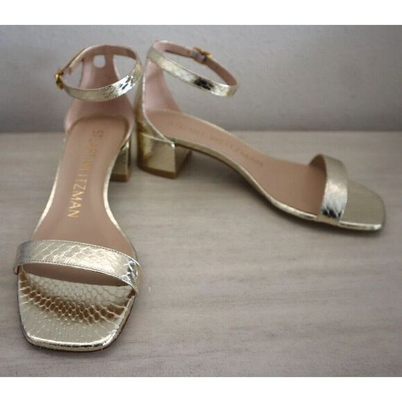 Stuart Weitzman Sz 5.5B Gold Metallic Watersnake Nudistcurve 35 Block Sandal SIB - Picture 1 of 11
